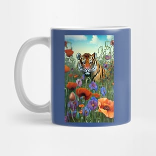 Cool tiger in a field of wildflowers and poppies - Exotic Tiger Mug